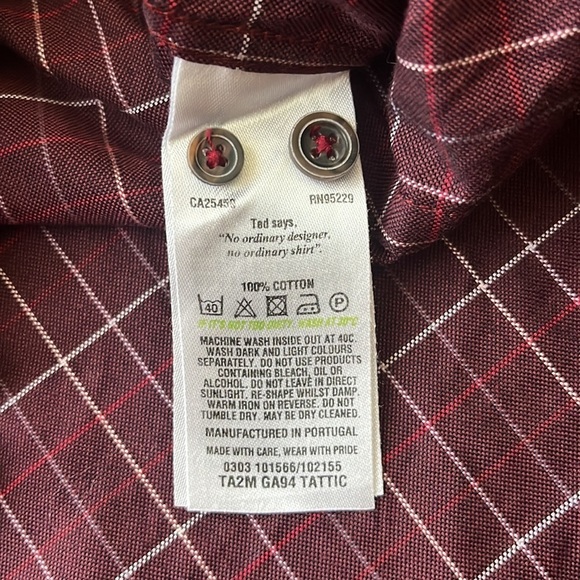 Ted Baker Button Down Shirt Elbows Patch Burgundy Plaid - Picture 9 of 13
